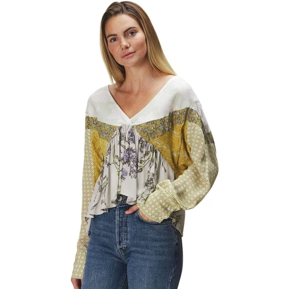 Free People Aloha State of Mind Yellow Mixed Print Floral Peplum Blouse XS